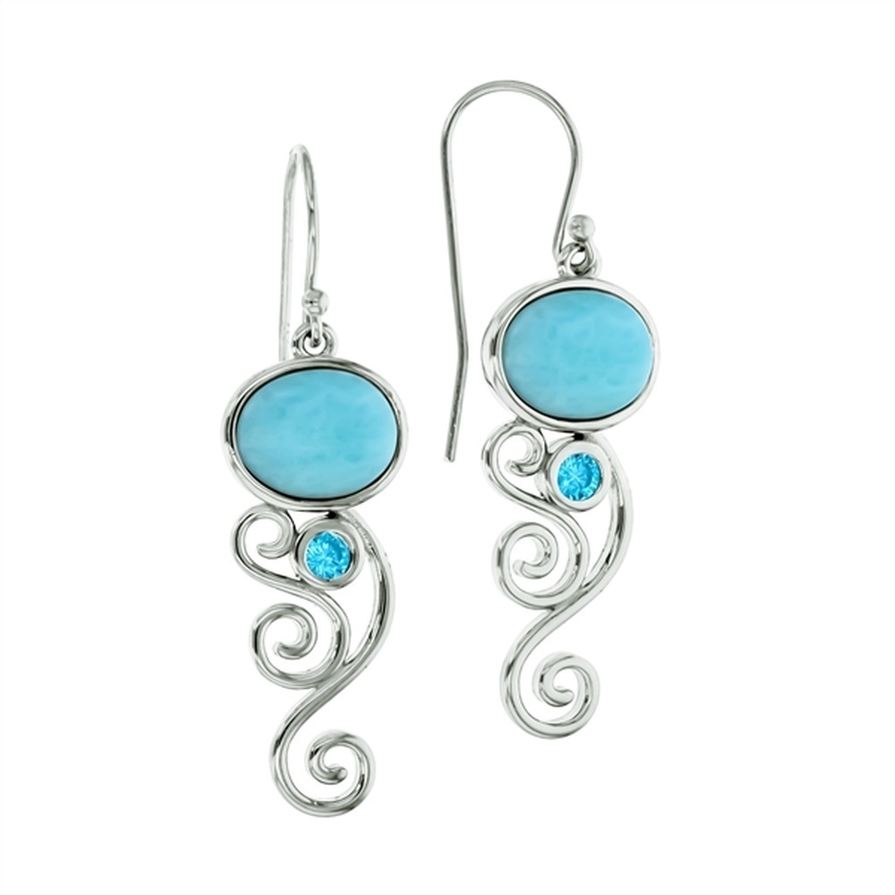 925 Sterling Silver Larimar Oval Shape w Round Bezel Aqua CZ Swirl Earrings